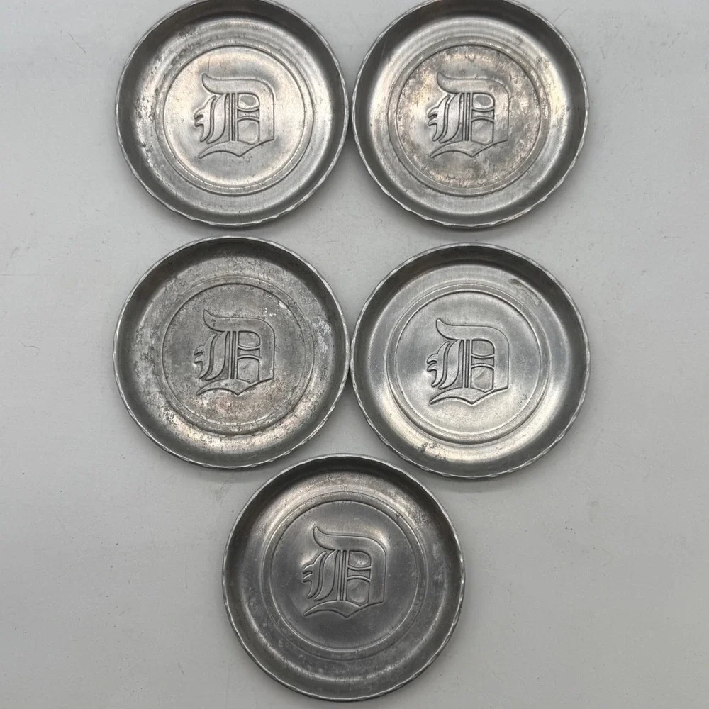 Vtg Aluminum Coasters Set of 5 Detroit‎ Tiger Barware MCM industrial metalware